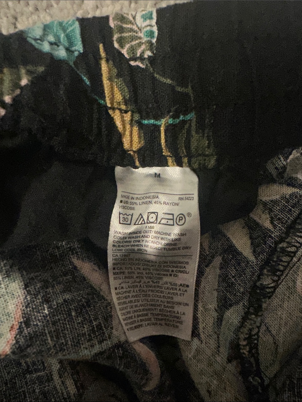 Tropical Palm Print Drawstring Pants - Black with Teal & Mustard. 55% linen - Picture 2 of 2